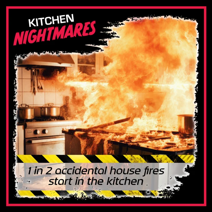 Image of a pan on fire in the kitchen. Image overlay is branding for the new DFRS Kitchen Nightmares campaign