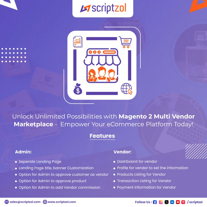 Unlock endless possibilities with #Magento2MultiVendorMarketplace! Empower your eCommerce now! Features include separate landing pages, customizable banners, vendor approval, product management, and more! 

Elevate your online store today! 💼✨ 👉 www.scriptzol.com/magento-2-multi-vendor-marketplace

#Scriptzol #Letsconnect #Magento2 #MultiVendor #eCommerce #OnlineBusiness #Magento2Store #Magento2MultiVendor #MultiVendorMarketplace #eCommerce #OnlineBusiness #DigitalCommerce #OnlineStore #TechInnovation #DigitalTransformation #Entrepreneurship #OnlineRetail