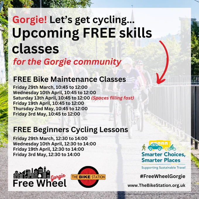 The Bike Station infographic detailing upcoming free cycling skills classes for the Gorgie Community as part of their ‘Free Wheel Gorgie’ community project. 

Text reads ‘FREE Bike Maintenance Classes
Friday 29th March, 10:45 to 12:00
Wednesday 10th April, 10:45 to 12:00
Saturday 13th April, 10:45 to 12:00 (Spaces filling fast)
Friday 19th April, 10:45 to 12:00
Thursday 2nd May, 10:45 to 12:00
Friday 3rd May, 10:45 to 12:00

FREE Beginners Cycling Lessons
Friday 29th March, 12:30 to 14:00
Wednesday 10th April, 12:30 to 14:00
Friday 19th April, 12:30 to 14:00
Friday 3rd May, 12:30 to 14:00’