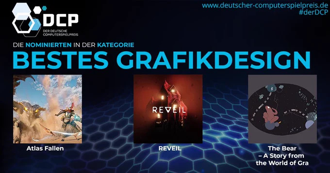 Eine Grafik mit Bildern der drei Nominierten in der Kategorie "Bestes Grafikdesign": Atlas Fallen, REVEIL und The Bear – A Story from the World of Gra.