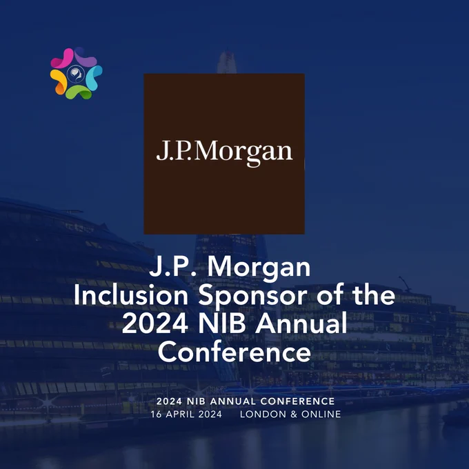 An image with a blue background with the Neurodiversity in Business Logo and in white text ‘JP Morgan, Inclusion Sponsor of the 2024 NiB Annual Conference’.