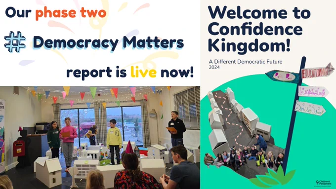 The cover of the Democracy Matters report, featuring the children presenting their plans for their town 