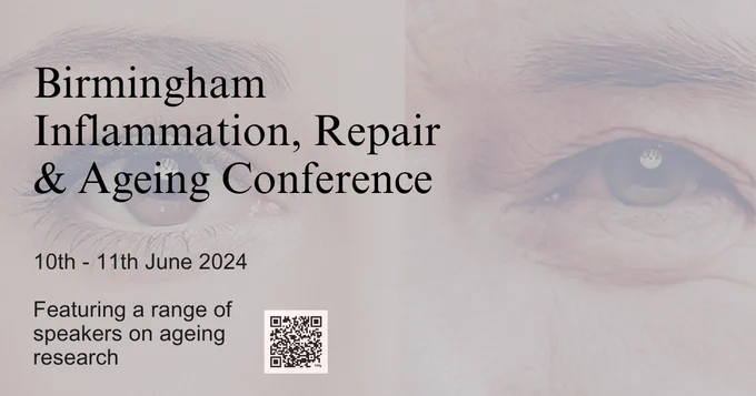Background image showing a young female face on the left merging with an old female face on the right. Text on Twitter/X card reads: Birmingham Inflammation, Repair & Ageing Conference. 10th - 11th June 2024. Featuring a range of speakers on ageing research.
