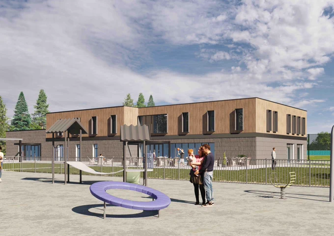 CGI image of children's play area with climbing frame and family