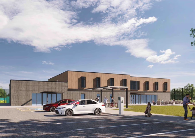 CGI image of community pavilion with electric cars parked next to electric chargers, members of the public walking, on bikes and sat outside
