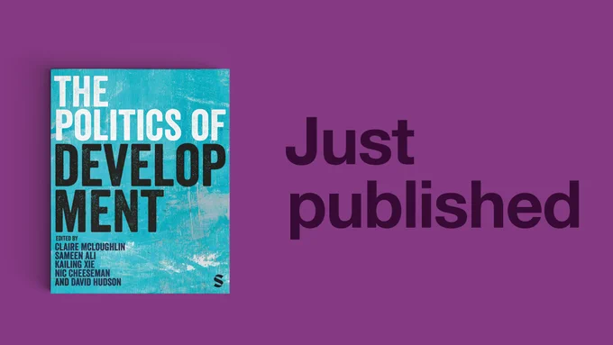 "The Politics of Development" book cover to the left with "Just published" to the right in dark purple. Purple background. 