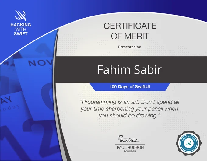 My completion certificate for the 100 Days of SwiftUI course indicating that I passed with merit.