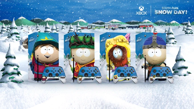 Image featuring four custom Xbox Series X consoles, each themed after the 'South Park Snow Day!' video game, with matching custom controllers placed in front of them. The consoles each showcase a different character from South Park: Cartman, Kyle, Kenny, and Stan. They are set against a snowy field backdrop, with the fictional town of South Park in the distance. The Xbox logo and 'South Park Snow Day!' logos are prominently displayed in the top-right corner.