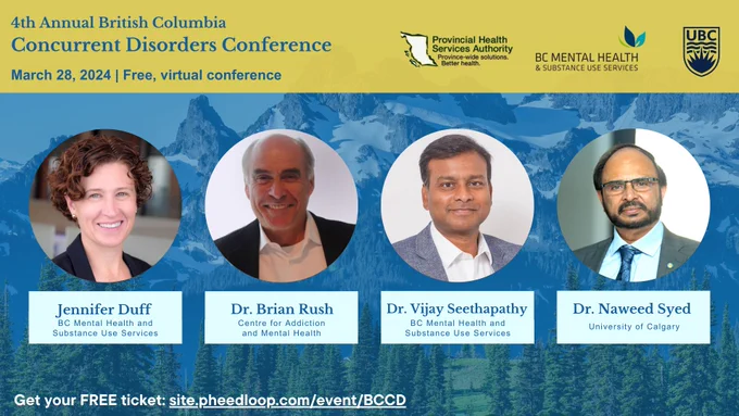BC Concurrent Disorders Conference keynote speakers and opening remarks chair on blue and yellow background
