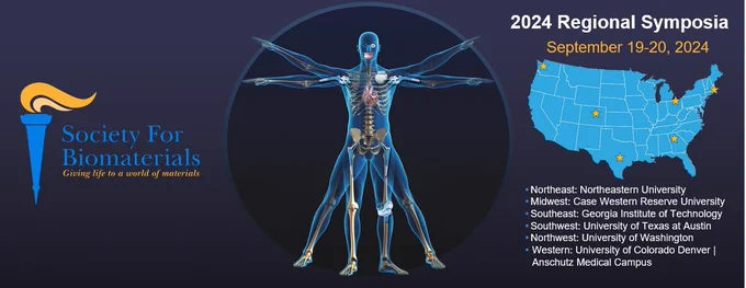 Banner showing a body with biomaterial replacement parts and locations for the Society for Biomaterials Regional Symposia across the U.S. in September 2024