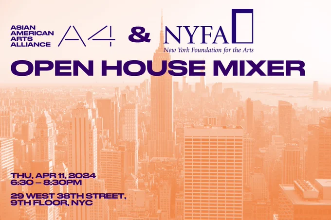 Graphic highlighting April 11 NYFA/Asian American Arts Alliance open house mixer