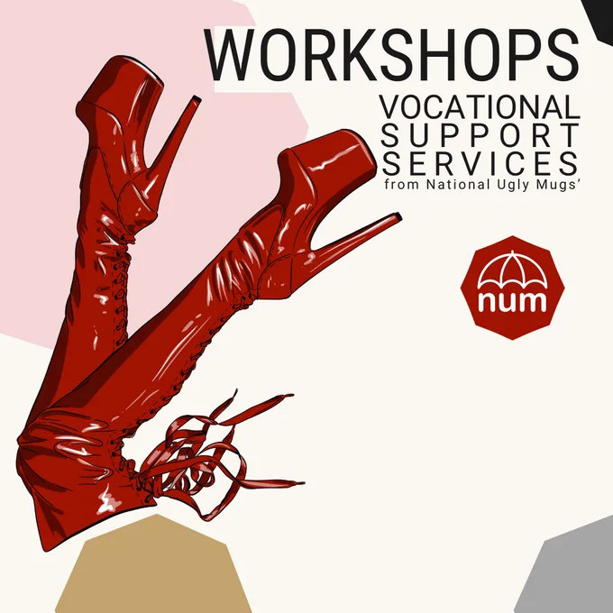 A pair of red Pleaser boots on a pale background. The text reads "Workshops: vocational support services from National Ugly Mugs"