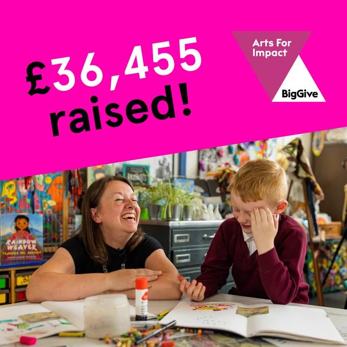 '£36,455 raised' text with a teacher and student smiling
