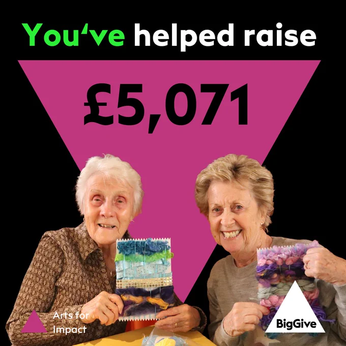 Two smiling older women holding up their creative works with the words 'You've helped raise £5,071' above