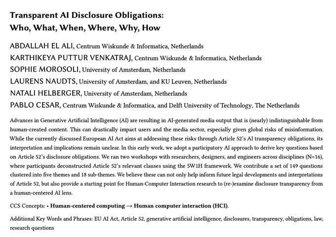 Image showing title and abstract of the CHI 2024 LBW "Transparent AI Disclosure Obligations: Who, What, When, Where, Why, How"