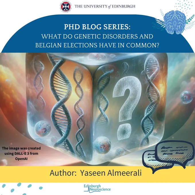 Poster for PhD blog series article- 'What do genetic disorders and Belgian elections have in common?'. Image showing a cube with question mark on one side and DNA double helix on the other. Author- Yaseen Almeerali