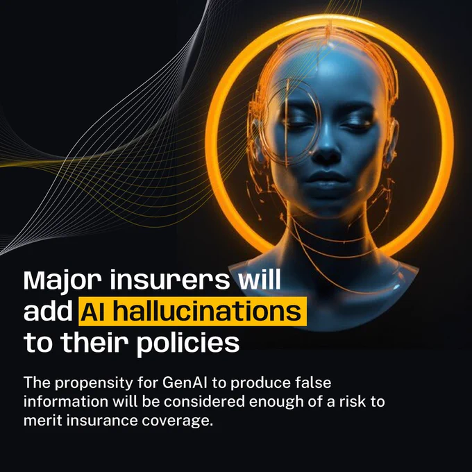 A futuristic woman's head is placed on the upper right side of the image. The text talks about AI hallucinations will be included in insurers policies.