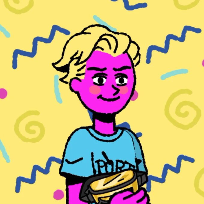 A person with dark pink skin and pushed back blond hair is wearing a blue t-shirt with the text: "SPORT" on it. They are holding a gold fanny pack.