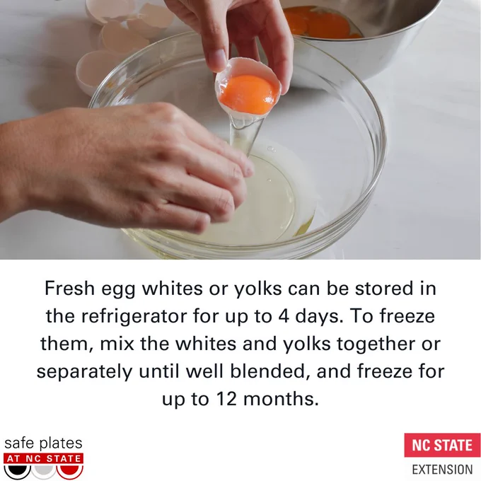 Fresh egg whites or yolks can be stored in the refrigerator for up to 4 days. To freeze them, mix the whites and yolks together or separately until well blended, and freeze for up to 12 months.