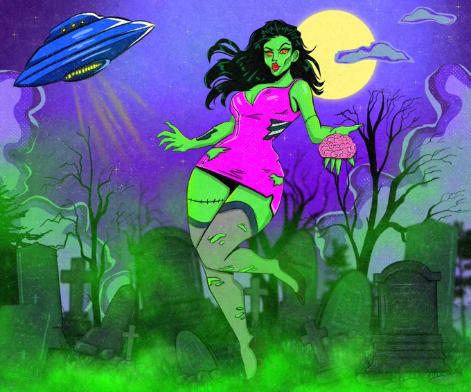 A zombie woman, raised from the dead by a mysterious UFO, now roams the city looking for her next victim. Her eyes sparkle with lust and passion as she seeks to quench her unquenchable thirst for brains. Her ghastly distorted facial features express fury and danger, warning everyone against getting too close. Prepare to fight for your survivability, as this sinister woman will stop at nothing to satisfy her dark desires.