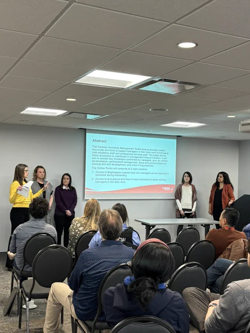 One of two Strategic impact Groups (SIG) from the Carleton Leader 2 cohort, presenting their work to the audience.