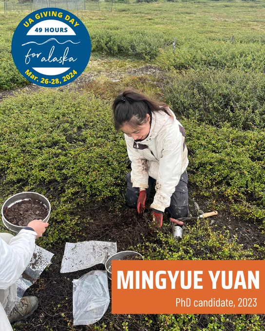 Dr. Mingyue Yuan samples soil near toolik. Photo includes UA Giving Day logo and text saying "Mingyue Yuan, PhD candidate, 2023"