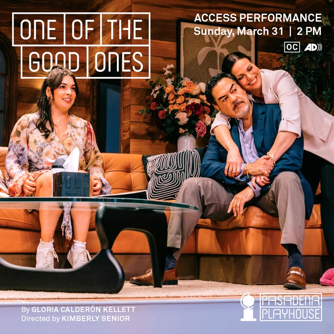 [Image description: In a scene of ONE OF THE GOOD ONES at Pasadena Playhouse, a Latine family sits on a couch in their luxurious home. The 20-something daughter smiles as her mother hugs her father, who wears a disgruntled expression.]