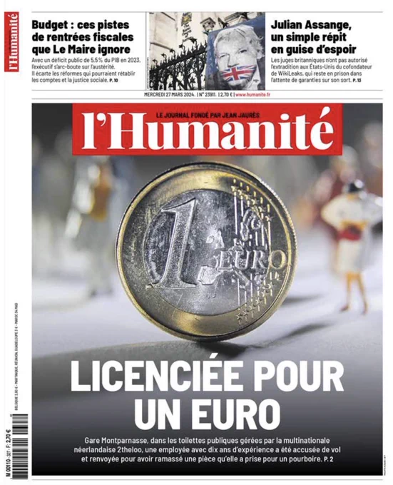 Une de l’Humanité du 27 mars 2027 et 3 pages de récit :

À la gare Montparnasse, dans les toilettes publiques concédées par la SNCF à la multinationale néerlandaise 2theloo, une employée ramasse une pièce sur un comptoir. Pour elle, c’est un cadeau laissé par un client satisfait. Pour ses managers, c’est un vol. Elle est renvoyée pour faute grave, sans indemnités. Elle porte aujourd’hui l’affaire aux prud’hommes.
