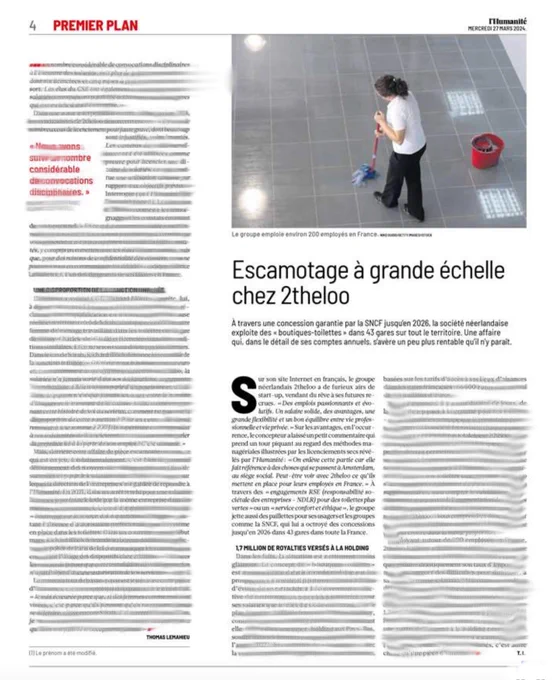 Une de l’Humanité du 27 mars 2027 et 3 pages de récit :

À la gare Montparnasse, dans les toilettes publiques concédées par la SNCF à la multinationale néerlandaise 2theloo, une employée ramasse une pièce sur un comptoir. Pour elle, c’est un cadeau laissé par un client satisfait. Pour ses managers, c’est un vol. Elle est renvoyée pour faute grave, sans indemnités. Elle porte aujourd’hui l’affaire aux prud’hommes.