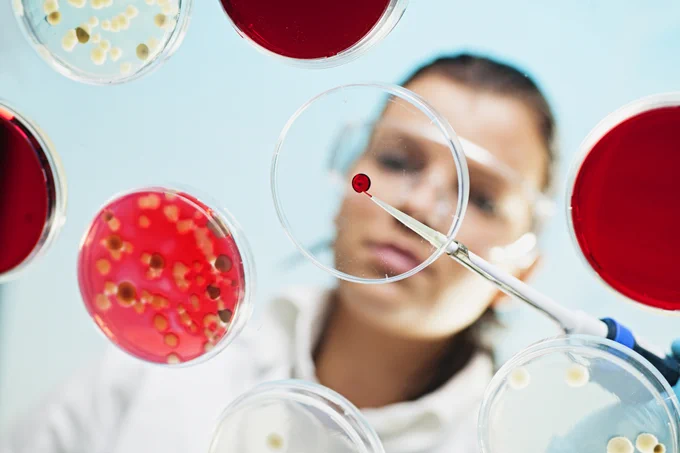 Female scientist in a lab holding a pipette and a petri dish with a small coloured dot. 