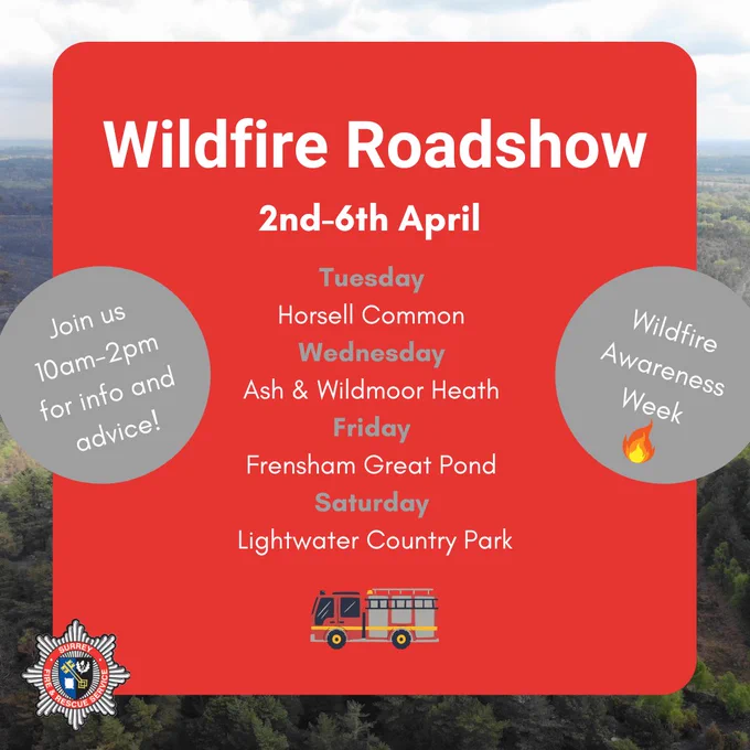 Text reads: 

Tuesday 
Horsell Common 
Wednesday 
Ash & Wildmoor Heath 
Friday 
Frensham Great Pond 
Saturday 
 Lightwater Country Park