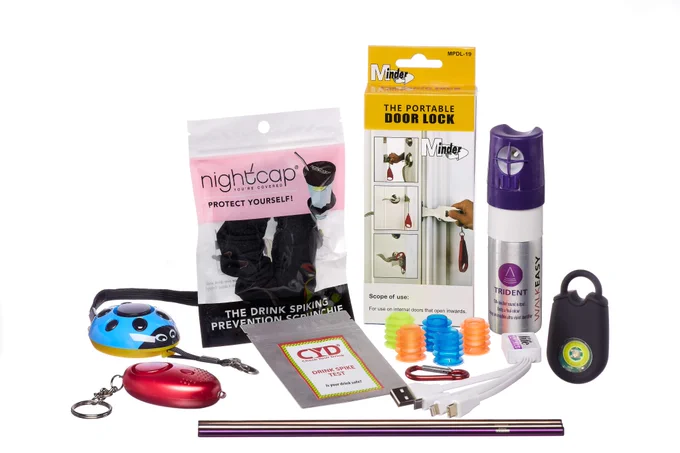 A range of personal safety products including personal alarms, drink spike tests, bottle stoppers and covers, and a portable door lock