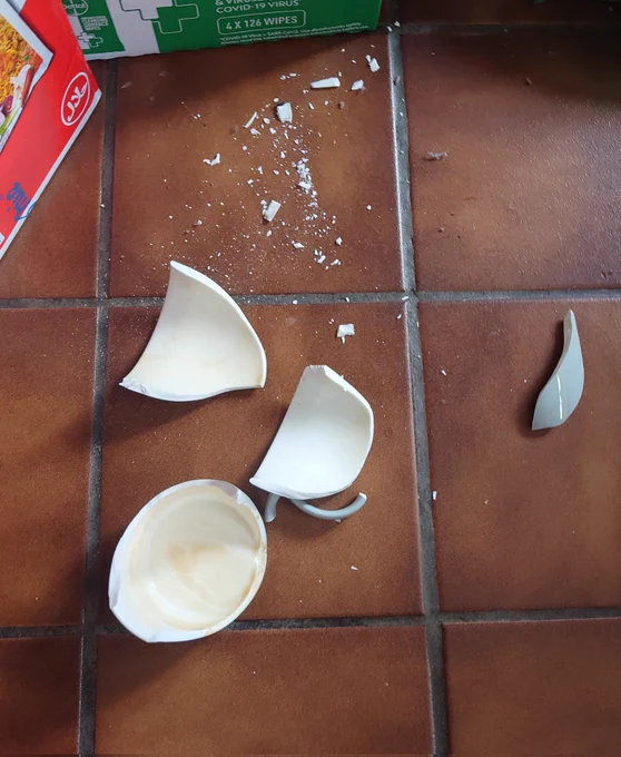 A mug shattered on a tile floor 