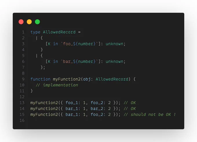 typescript code:

type AllowedRecord =
  | {
      [K in `foo_${number}`]: unknown;
    }
  | {
      [K in `bar_${number}`]: unknown;
    };

function myFunction2(obj: AllowedRecord) {
  // implementation
}

myFunction2({ foo_1: 1, foo_2: 2 }); // OK
myFunction2({ bar_1: 1, bar_2: 2 }); // OK
myFunction2({ bar_1: 1, foo_2: 2 }); // should not be OK !
