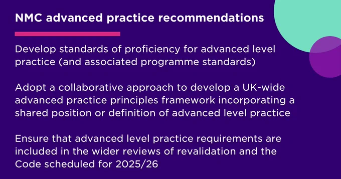 NMC advanced practice recommendations

Develop standards of proficiency for advanced level practice (and associated programme standards)

Adopt a collaborative approach to develop a UK-wide advanced practice principles framework incorporating a shared position or definition of advanced level practice

Ensure that advanced level practice requirements are included in the wider reviews of revalidation and the Code scheduled for 2025/26