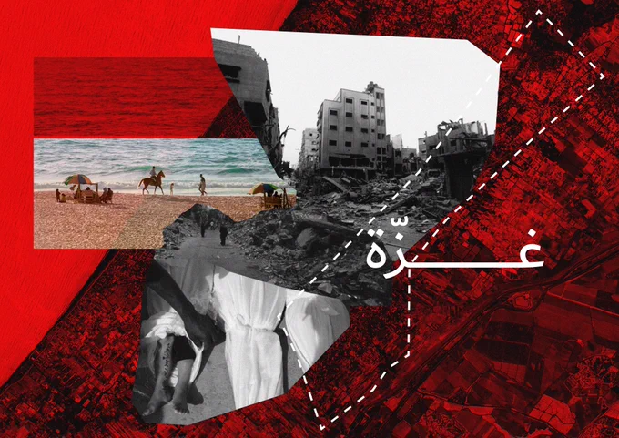 📷: Countermap showing photographs from the 2023 war on Gaza superimposed on the Gaza Strip. Designed by Haya Zaatry, 2023.