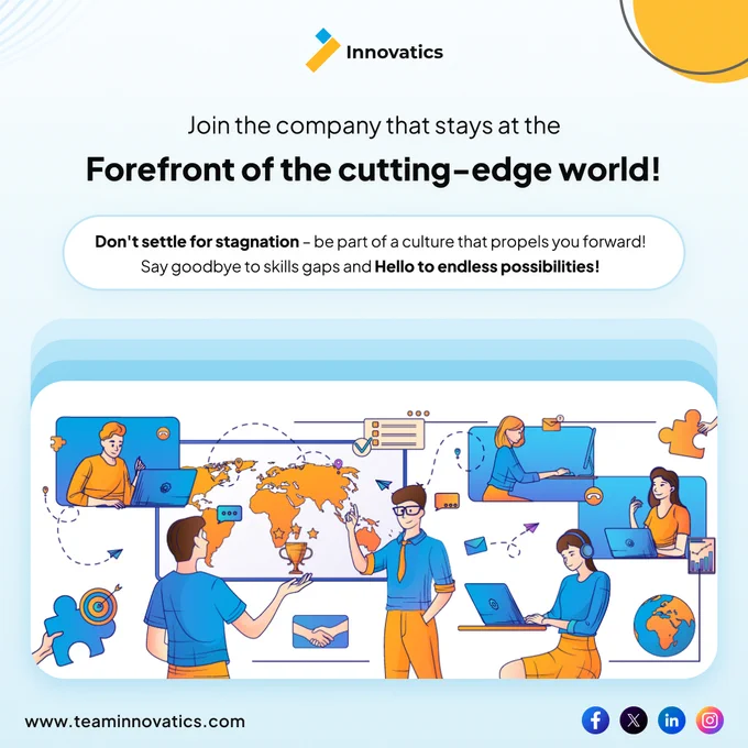 hat makes Innovatics different from other companies? 
We at Innovatics, we believe in the power of continuous learning! 📚✨ We invest in our team's growth, offering exciting opportunities for skill development, immersive and top-notch training programs. 🌟 Why? Because staying at the forefront of industry trends is how we redefine what's possible in the tech world! 💡💻 🌈