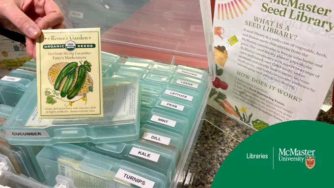 McMaster Seed Library with packets of seeds in individual plastic containers that are labelled cucumber, kale, dill, mint, peas, lettuce, leeks and zucchini. A package of organic cucumber seeds is on display. 