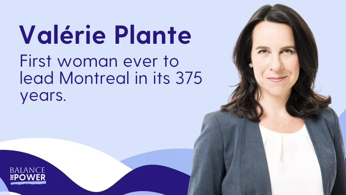 A graphic for the wavemaker series of the Balance the Power campaign, highlighting policy wins of diverse elected representatives. The graphic includes a photo of Valérie Plante with the text “First woman ever to lead Montreal in its 375 years." 