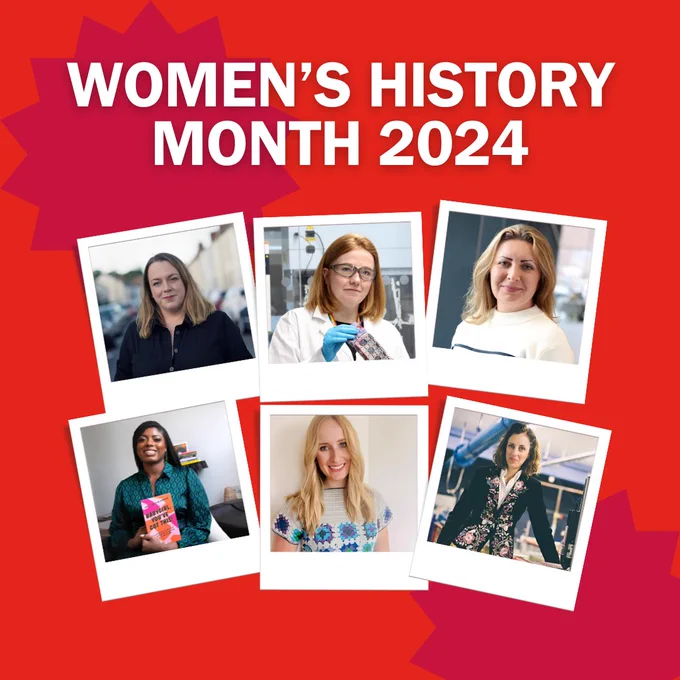 Red graphic that reads ‘Women’s History Month 2024’ and shows poloroid style photos of Sara Huws, Dr Jennifer Edwards, Dr Yulia Cherdantseva, Dr April-louise Pennant, Dr Sharon Thompson and Professor Catherine Wilson.] 
