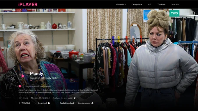 Screenshot of BBC iPlayer featuring Carrie Cohen and Diane Morgan.