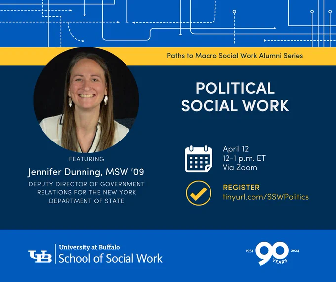 Paths to Macro Social Work Alumni Series. Political Social Work. FEATURING Jennifer Dunning, MSW ’09, Deputy Director of Government Relations for the New York Department of State. April 12, 12-1 p.m. ET Via zoom. Register tinyurl.com/SSWPolitics.