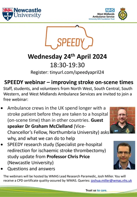 Poster for webinar. Click tinyurl.com/speedyapril24 for screen-readable version and to register. Any other formats email joshua.miller@wmas.nhs.uk