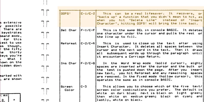A screen capture of a scanned document. There's a table with shortcuts for different operations like "Del Char", "Ins Char", "Reformat". At the top of the table, highlighted in yellow, it shows the information for "Oops!". The description reads: "This can be a real lifesaver. It recovers or backs up a function that you didn't mean to hit, as when you hit Delete Line instead of Insert Character, hitting Oops! will bring the line back."