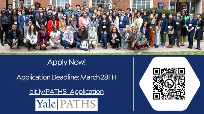 Image of the entire PATHS 2021 chohort outside for a group photo. A QR code for the PATHS application along with link the PATHS website. bit.ly/PATHS_Application. Text says: Yale PATHS. Application deadline March 28th.