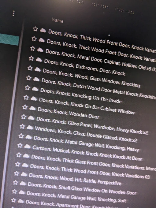 Sound effects library
"Doors, Knock, Thick Wood Front Door, Knock Variat

Doors, Knock, Thick Wood Front Door, Knock Variatio

Doors, Knock, Metal Door, Cabinet, Hollow, Old x5 01

Doors, Knock, Bathroom, Door, Knock

Doors, Knock, Wood, Glass Window, Knocking

Doors, Knock, Dutch Wood Door Metal Knock Knocking

Doors, Knock, Knocking On The Inside

Doors, Knock, Knock On Bar Cabinet Window

Doors, Knock, Wooden Door

Doors, Knock, Glass Panel, Wardrobe, Heavy Knock x2

Windows, Knock, Glass, Double Glazed, Knock x2

Doors, Knock, Metal Garage Wall, Knocking, Heavy

Cartoon, Musical, Knock Knock Knock Knock At Door

Doors, Knock, Thick Glass Front Door, Knock Variations, Monc

Doors, Knock, Thick Wood Front Door, Knock Variations 03

Doors, Knock, Wood, Hit, Rattle, Perspectiive

Doors, Knock, Small Glass Window On Wooden Door

Doors, Knock, Metal Garage Wall, Knocking, Soft

Doors, Knock, Apartment Door Knock"
