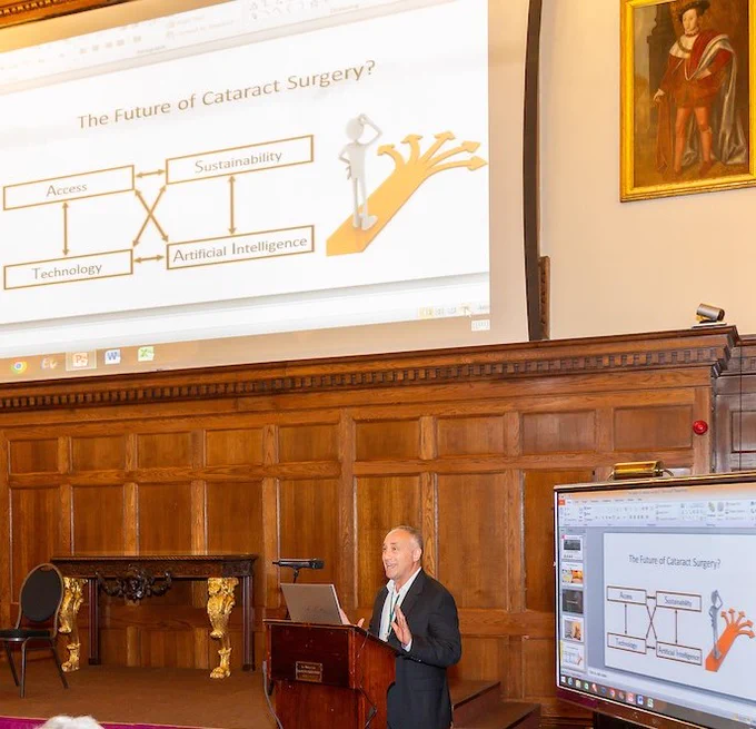 Professor O'Brart delivering his lecture to the Four Liveries last October at St. Thomas' Hospital on the future of cataract surgery.
