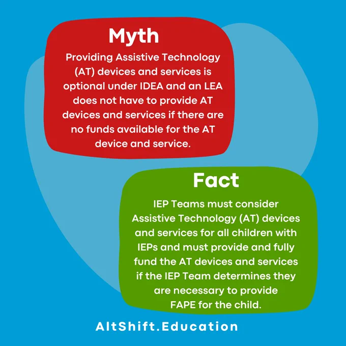 Myth - Providing assistive technology (AT) devices and services is optional under IDEA and an LEA does not have to provide AT devices and services if there are no funds available for the AT device and service. Fact - IEP Teams must consider assistive technology (AT) devices and services for all children with EPs and must provide and fully fund the AT devices and services if the IEP Team determines they are necessary to provide FAPE for the child. AltShift.education