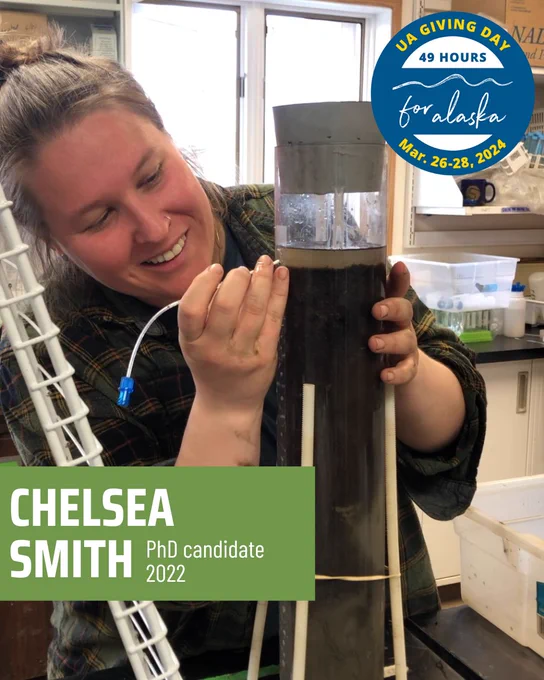 Dr. Chelsea Smith analyzes a lake sediment core in the lab. Photo includes UA Giving Day logo and text saying "Chelsea Smith, PhD candidate, 2022"