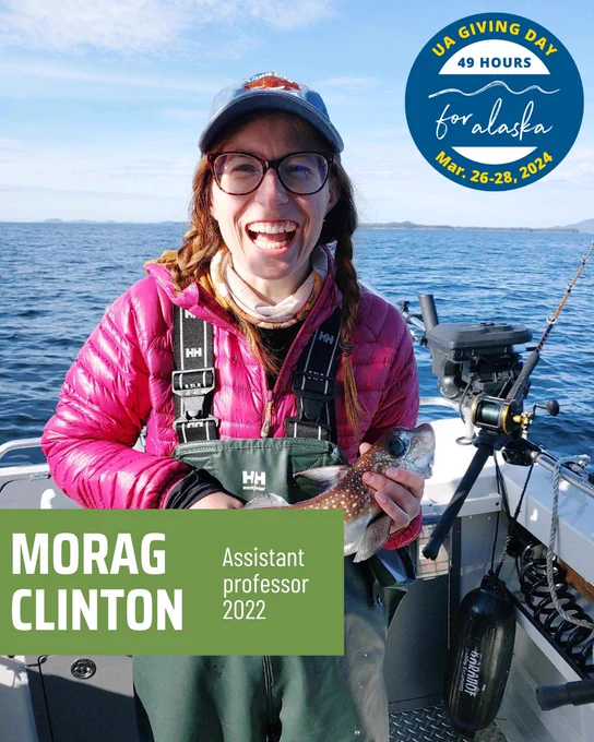 Dr. Morag Clinton holds a fish on a boat. Photo includes UA Giving Day logo and text saying "Morag Clinton, Assistant Professor, 2022"